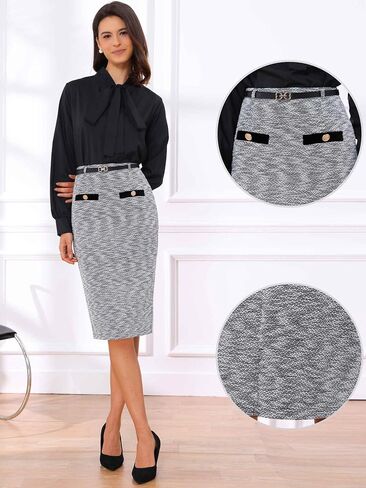 Allegra K Pencil Skirt for Women Midi Length High Waisted Tweed Skirt Button Decor Bodycon Office Work Skirts with Belt in Saudi Arabia