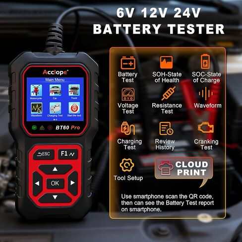 BT60 Pro Acclope Car Battery Tester مع الطباعة السحابية 100-3000 CCA 6V 12V 24V AGM Lithium Gel Battery Checker Automotive Adalyder Digital Analyzer Operging System Oper Truck-Use-Use-Use. in Kuwait