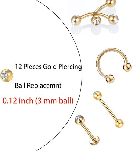 استبدال الذهب كرات ثقب 16G 3MM متوافقة مع الحاجز المربوطة خارجيا ، الأذن ، بيرات لابريت وأداة جرب الكرة الثقب ، 12 قطعة in Saudi Arabia
