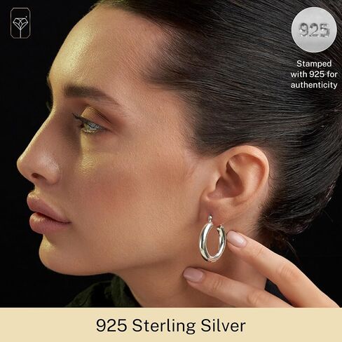 925 Sterling Silver Chunky Hoop أقراط للنساء | Hypoallergenic Hollow Round Round Sterling Silver Hoop أقراط | الأطواق ذات الأطواق الفضية السميكة ذات الوزن الخفيف بواسطة Max + Stone in Kuwait
