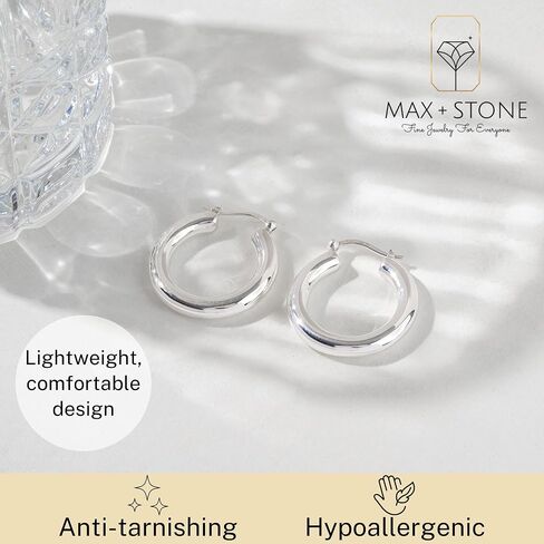925 Sterling Silver Chunky Hoop أقراط للنساء | Hypoallergenic Hollow Round Round Sterling Silver Hoop أقراط | الأطواق ذات الأطواق الفضية السميكة ذات الوزن الخفيف بواسطة Max + Stone in Kuwait