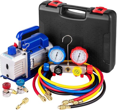 VEVOR Vacuum Pump 4.8CFM 1/4 HP Single Stage HVAC A/C Refrigeration Kit 5PA Ultimate Vacuum Manifold Gauge Set R12 R404A R410A R134A R22 HVAC AC, Manifold Gauge and Hose for Air Conditioning Systems in Kuwait