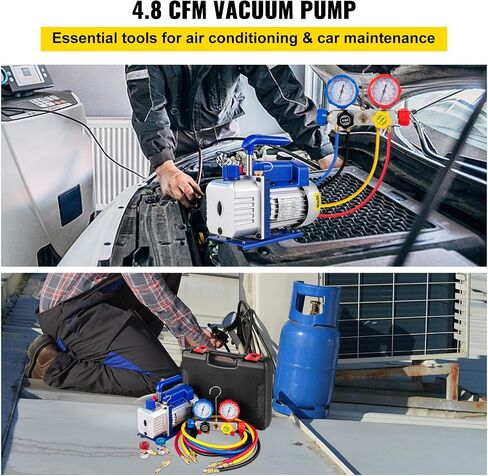 VEVOR Vacuum Pump 4.8CFM 1/4 HP Single Stage HVAC A/C Refrigeration Kit 5PA Ultimate Vacuum Manifold Gauge Set R12 R404A R410A R134A R22 HVAC AC, Manifold Gauge and Hose for Air Conditioning Systems in Kuwait