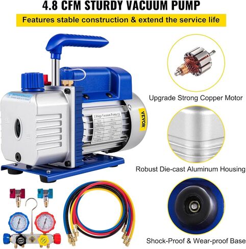 VEVOR Vacuum Pump 4.8CFM 1/4 HP Single Stage HVAC A/C Refrigeration Kit 5PA Ultimate Vacuum Manifold Gauge Set R12 R404A R410A R134A R22 HVAC AC, Manifold Gauge and Hose for Air Conditioning Systems in Kuwait