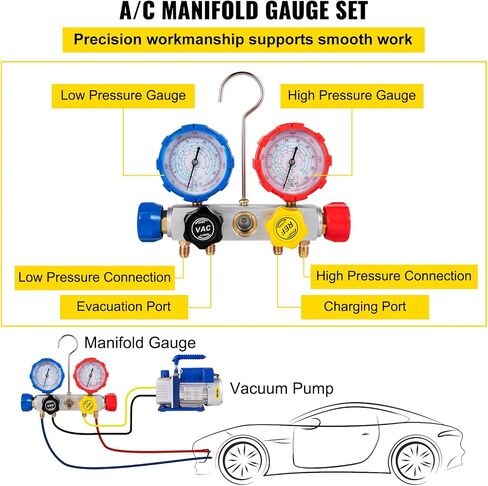 VEVOR Vacuum Pump 4.8CFM 1/4 HP Single Stage HVAC A/C Refrigeration Kit 5PA Ultimate Vacuum Manifold Gauge Set R12 R404A R410A R134A R22 HVAC AC, Manifold Gauge and Hose for Air Conditioning Systems in Kuwait