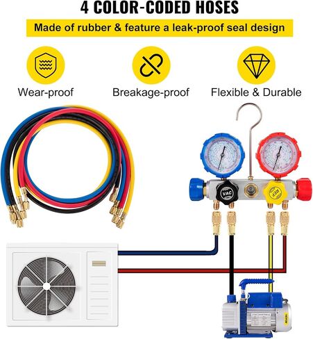 VEVOR Vacuum Pump 4.8CFM 1/4 HP Single Stage HVAC A/C Refrigeration Kit 5PA Ultimate Vacuum Manifold Gauge Set R12 R404A R410A R134A R22 HVAC AC, Manifold Gauge and Hose for Air Conditioning Systems in Kuwait