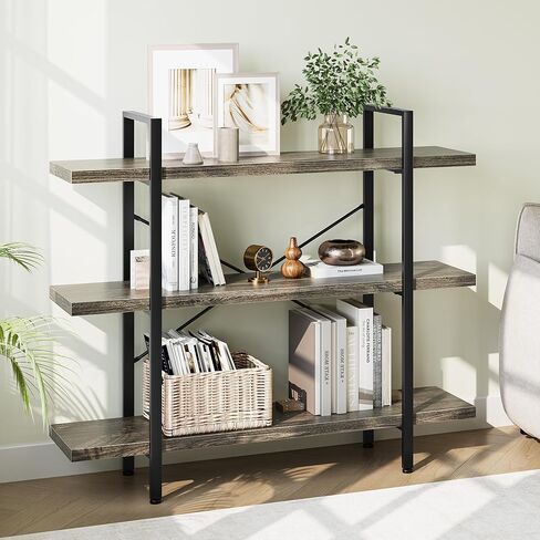 Heavy Duty 5-Tier Industrial Bookcase, 47" Wide Wood Bookshelf for Home Office, 120lbs Shelf Capacity, Rustic Open Shelving Display with Reinforced Horizontal Shelf for Living Room Bedroom in Kuwait