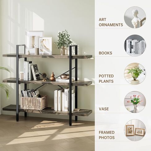 Heavy Duty 5-Tier Industrial Bookcase, 47" Wide Wood Bookshelf for Home Office, 120lbs Shelf Capacity, Rustic Open Shelving Display with Reinforced Horizontal Shelf for Living Room Bedroom in Kuwait