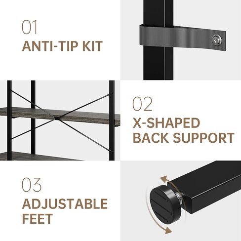 Heavy Duty 5-Tier Industrial Bookcase, 47" Wide Wood Bookshelf for Home Office, 120lbs Shelf Capacity, Rustic Open Shelving Display with Reinforced Horizontal Shelf for Living Room Bedroom in Kuwait