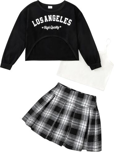 الفتيات يسقطون ملابس ، 2 قطعة فتاة ، ورسالة طباعة الأكمام الطويلة من النوع الثقيل مجموعات تنورة مطوية للأطفال في سن المراهقة 5-12T in Kuwait