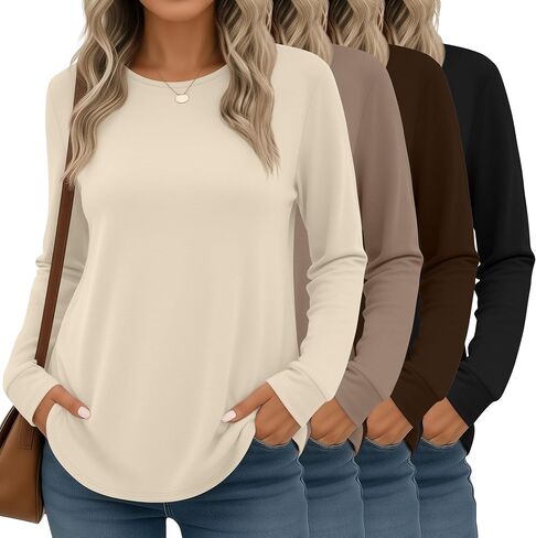 Huukeay 4 Pack Womens Long Sleeve Shirts Loose Fit Cotton Tunic Tops Crew Neck Curved Hem Basic Casual Layering Shirts in Saudi Arabia