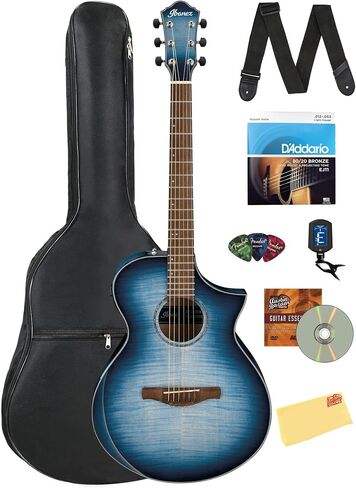 Ibanez AEWC32FM AEWC Acoustic-Electric Guitar - Indigo Sunset Fade High Gloss Bundle with Case, Tuner, Strap, D'Addario Strings, Picks, Austin Bazaar Instructional Video, and Polishing Cloth in Saudi Arabia