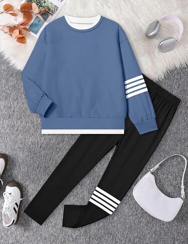 BAVEDER Girls Clothes 2 Piece Clothes for Girls Outfits Kids Tween Trendy Solid Fake-Two Sweatshirt Pullover Leggings Sets in Saudi Arabia