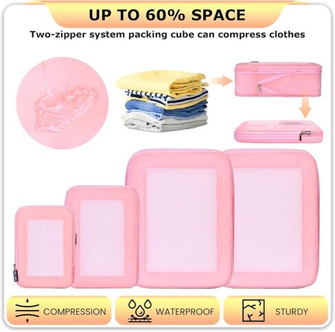 Carry On Compression Compling Cubes Travel for Usabores ， مكعبات التعبئة القابلة للضغط للنساء منظمي تعبئة النساء 4 مجموعة Ultralight (الوردي) in Kuwait