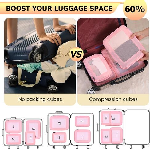 Carry On Compression Compling Cubes Travel for Usabores ， مكعبات التعبئة القابلة للضغط للنساء منظمي تعبئة النساء 4 مجموعة Ultralight (الوردي) in Kuwait