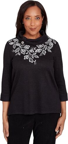 Alfred Dunner Lake Champlain Women's Leaf Embroidered Rib Neck Top, Medium Black in Saudi Arabia