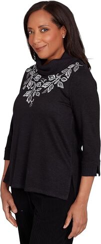 Alfred Dunner Lake Champlain Women's Leaf Embroidered Rib Neck Top, Medium Black in Saudi Arabia