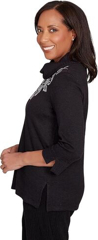 Alfred Dunner Lake Champlain Women's Leaf Embroidered Rib Neck Top, Medium Black in Saudi Arabia