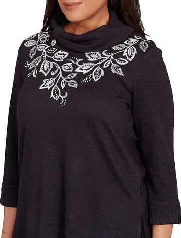 Alfred Dunner Lake Champlain Women's Leaf Embroidered Rib Neck Top, Medium Black in Saudi Arabia