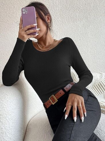 Ekouaer 3 Pack Womens Long Sleeve Shirts Boat Neck Ribbed Thermal Undershirts Lightweight Basic Top XS-XXL in Saudi Arabia