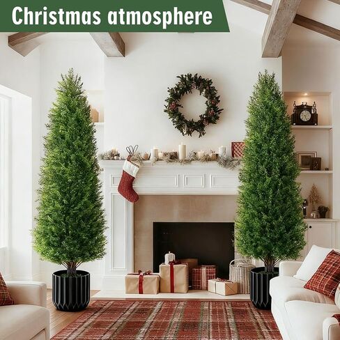3FT Artificial Topiary Cedar Trees 2 Pack, Lush Thick Greenery UV Rated Artificial Plants for Outdoor Planters Decor, Realistic Fake Trees Indoor Garden in Saudi Arabia