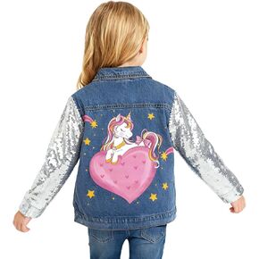 WELAKEN Unicorn Jean Jacket for Girls Kids & Toddler with Sparkly Sleeve, Girls' Spring Outfit Denim Jackets Outerwear in Saudi Arabia