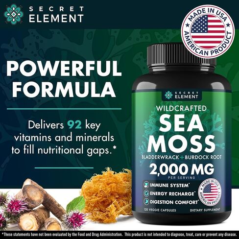 Sea Moss Capsules - Irish Sea Moss Advanced with Burdock Root, Bladderwrack & Muira Puama for Immunity, Gut, & Energy - Superfood Sea Moss Supplements w/Raw Sea Moss Powder, 120 Capsules, (3 Pack) in Kuwait