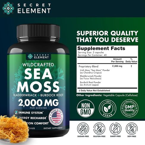 Sea Moss Capsules - Irish Sea Moss Advanced with Burdock Root, Bladderwrack & Muira Puama for Immunity, Gut, & Energy - Superfood Sea Moss Supplements w/Raw Sea Moss Powder, 120 Capsules, (3 Pack) in Kuwait