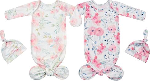 Newborn Baby Sleeper Gown with Beanie 0-3 Months | 2 Packs, Floral, Knotted Nightgowns, Machine Wash, Coming Home Outfit in Saudi Arabia