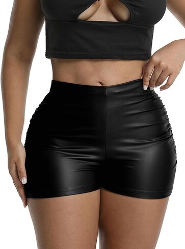 Women's Ruched Faux Leather Shorts High Waist Sexy Stretch Mini Booty Hot Shorts in Saudi Arabia