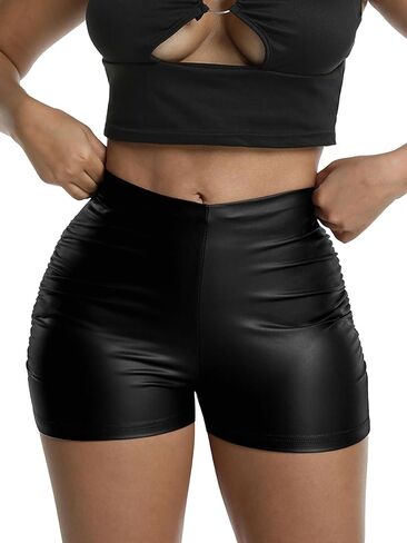 Women's Ruched Faux Leather Shorts High Waist Sexy Stretch Mini Booty Hot Shorts in Saudi Arabia