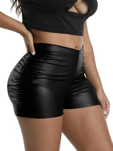 Women's Ruched Faux Leather Shorts High Waist Sexy Stretch Mini Booty Hot Shorts in Saudi Arabia