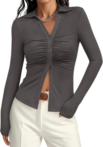 Prettygarden Womens زر أسفل القمصان v الرقبة collared ruched slim fit قميص طويل الأكمام in Saudi Arabia