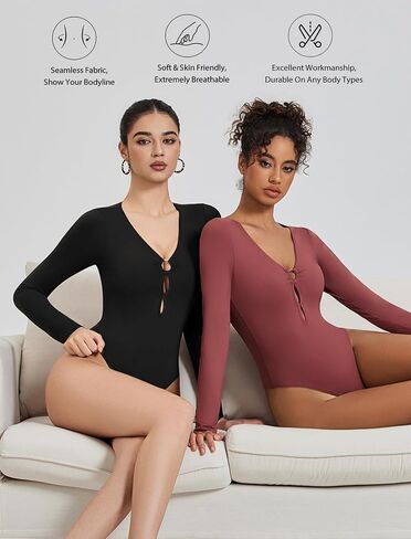 Avidlove الأكمام طويلة الأكمام للنساء المثير قطع قطع Deep v الرقبة ثونغ bodysuit خط مزدوج الخروج من قمم O الحلقة in Saudi Arabia