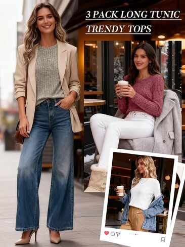 Bliwov Womens Long Sleeve Shirts Fall Tunic Top CrewNeck Dressy Casual Outfits Loose Pullover Sweaters Blouse Fashion Clothes in Kuwait