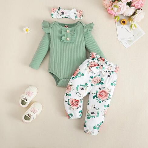 ملابس Kislio لحديثي الولادة من الفتيات رومبير مكشكش مضلع + سروال مزين بالزهور + عصابة رأس طقم ملابس للرضع in Kuwait