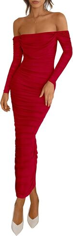 Prettygarden Womens 2025 Fall Long Sleeve Maxi Dress Of Counter Mesh Ruched Bodycon العصرية in Saudi Arabia