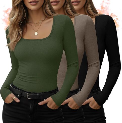 Huukeay 3 Pack Women's Thermal Long Sleeve Shirts Fleece Lined Square Neck Fitted Cotton Winter Tops Base Layer Underwear in Saudi Arabia