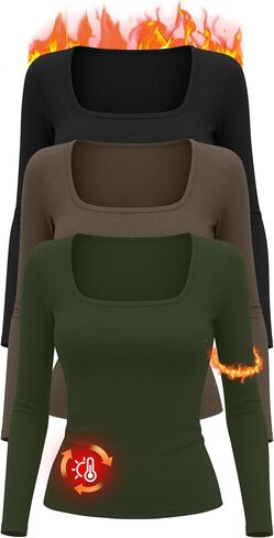 Huukeay 3 Pack Women's Thermal Long Sleeve Shirts Fleece Lined Square Neck Fitted Cotton Winter Tops Base Layer Underwear in Saudi Arabia