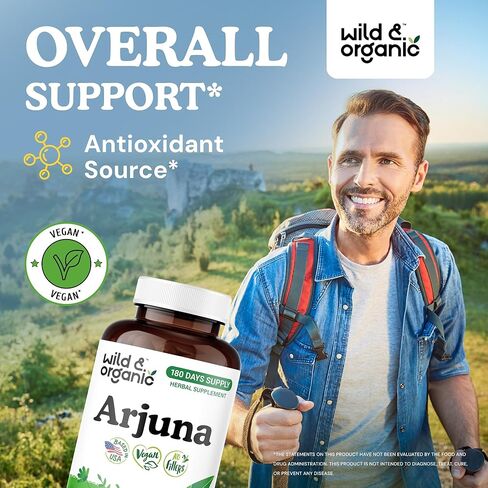 Wild & Organic Arjuna Bark Capsules - Overall Support - Arjuna Powder Supplement - 120 Herbal Capsules - 4-Month Supply - Terminalia Bark & Leaf Extract - Vegan, No Fillers, Non-GMO in Saudi Arabia