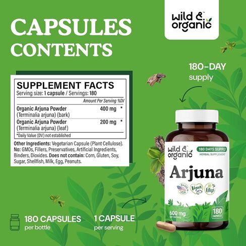 Wild & Organic Arjuna Bark Capsules - Overall Support - Arjuna Powder Supplement - 120 Herbal Capsules - 4-Month Supply - Terminalia Bark & Leaf Extract - Vegan, No Fillers, Non-GMO in Saudi Arabia