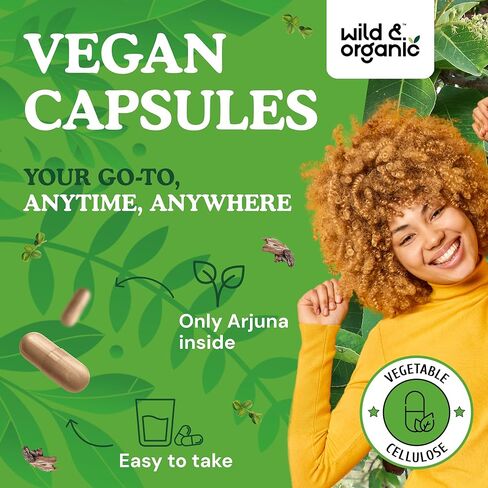 Wild & Organic Arjuna Bark Capsules - Overall Support - Arjuna Powder Supplement - 120 Herbal Capsules - 4-Month Supply - Terminalia Bark & Leaf Extract - Vegan, No Fillers, Non-GMO in Saudi Arabia
