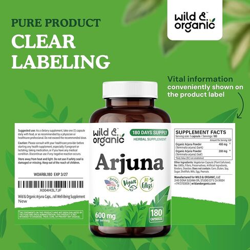Wild & Organic Arjuna Bark Capsules - Overall Support - Arjuna Powder Supplement - 120 Herbal Capsules - 4-Month Supply - Terminalia Bark & Leaf Extract - Vegan, No Fillers, Non-GMO in Saudi Arabia