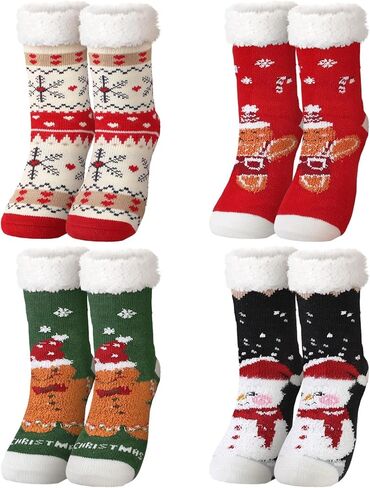 4 Packs Christmas Fuzzy Slipper Socks Xmas Fluffy Sherpa Thermal Socks with Grippers for Women men in Saudi Arabia