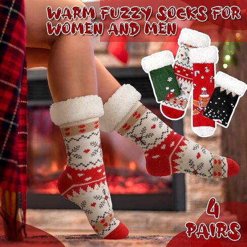 4 Packs Christmas Fuzzy Slipper Socks Xmas Fluffy Sherpa Thermal Socks with Grippers for Women men in Saudi Arabia