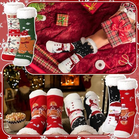 4 Packs Christmas Fuzzy Slipper Socks Xmas Fluffy Sherpa Thermal Socks with Grippers for Women men in Saudi Arabia
