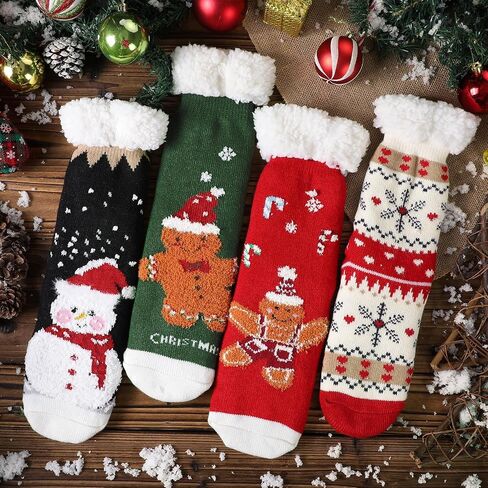 4 Packs Christmas Fuzzy Slipper Socks Xmas Fluffy Sherpa Thermal Socks with Grippers for Women men in Saudi Arabia