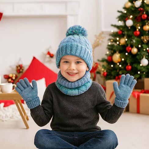Kunyeah Toddler Beanie Hat Scarf Gloves Set Kids Knitted Mitten Fleece Lined Cap Neck Warmer for Boy Girl 3-10 Years in Saudi Arabia