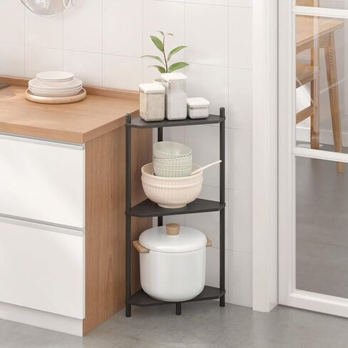 Corner Shelf Stand - 3 Tier Bamboo Small Corner Bookshelf for Office Kitchen Bedroom Plant Stand Living Room Decor Small Space (White) in Kuwait