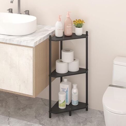Corner Shelf Stand - 3 Tier Bamboo Small Corner Bookshelf for Office Kitchen Bedroom Plant Stand Living Room Decor Small Space (White) in Kuwait